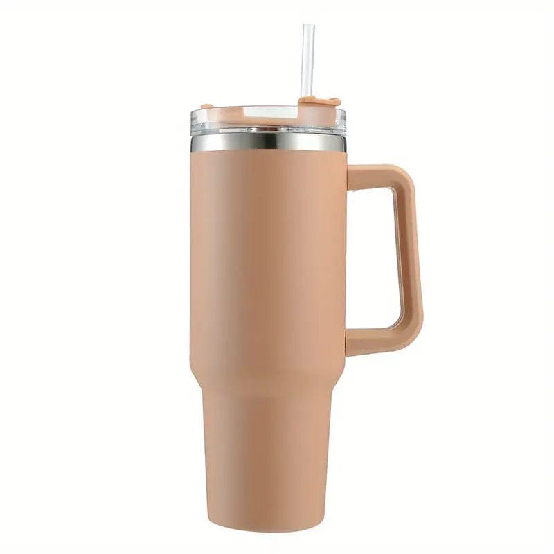 Beige insulated mug with handle and straw on a white background